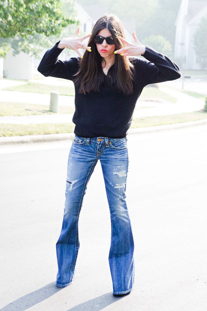 Christian Dior sweater, True Religion Carrie Bell Bottom Jeans, Ray Ban Wayfarer sunglasses