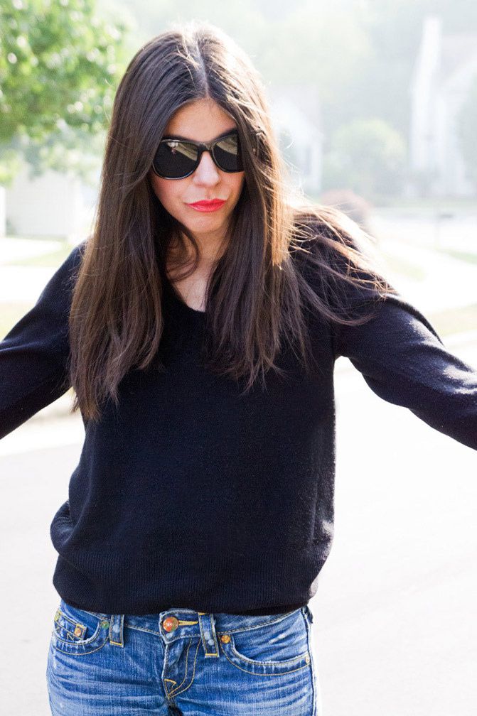 Christian Dior sweater, True Religion Carrie Bell Bottom Jeans, Ray Ban Wayfarer sunglasses