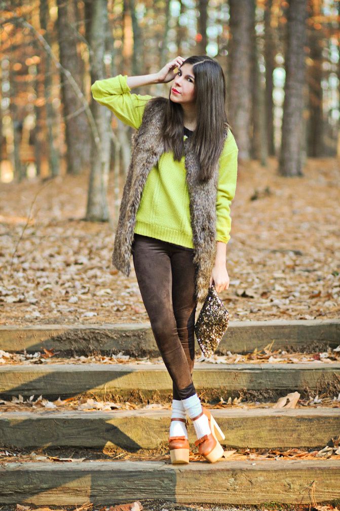 Rachel Roy fur, Asos neon knit, Free People Socks, Karen Walker sunglasses, Fashion outfit