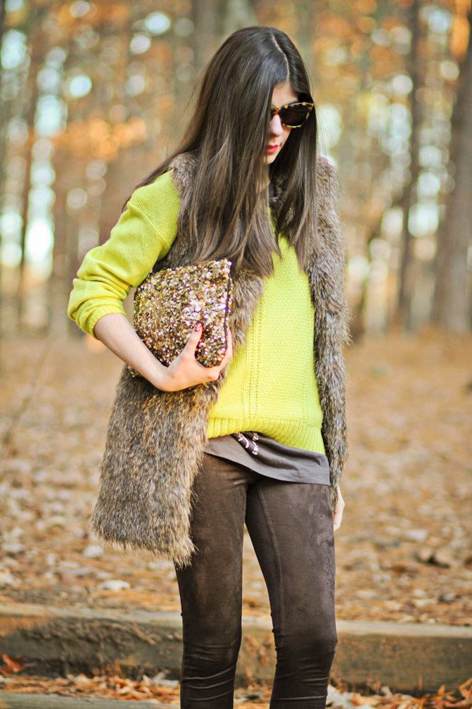Rachel Roy fur, Asos neon knit, Free People Socks, Karen Walker sunglasses, Fashion outfit