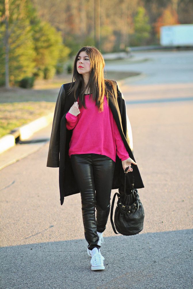 Zara Coat with leather sleeves, Asos hot pink waffle sweater, Converse hi top sneakers, Alexander Wang Diego bag, Fashion outfit