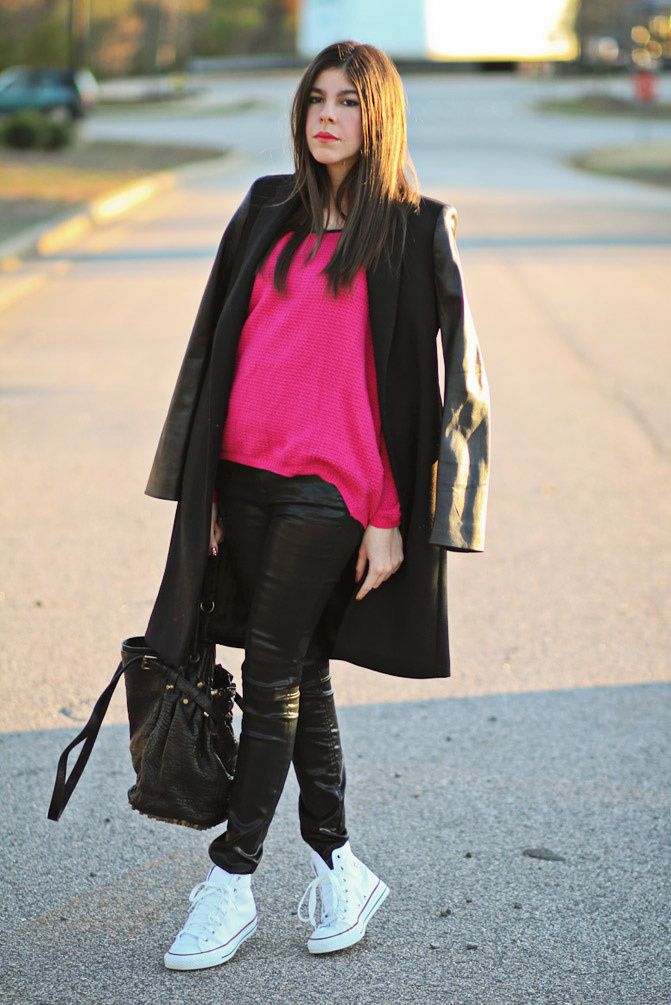 Zara Coat with leather sleeves, Asos hot pink waffle sweater, Converse hi top sneakers, Alexander Wang Diego bag, Fashion outfit