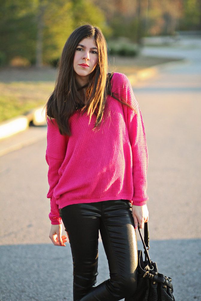 Zara Coat with leather sleeves, Asos hot pink waffle sweater, Converse hi top sneakers, Alexander Wang Diego bag, Fashion outfit