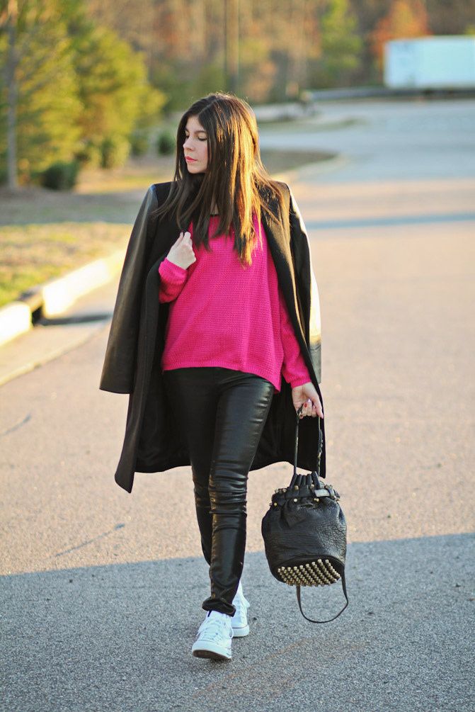 Zara Coat with leather sleeves, Asos hot pink waffle sweater, Converse hi top sneakers, Alexander Wang Diego bag, Fashion outfit