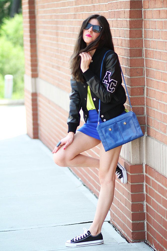 Varsity jacket, Converse, Neon Fashion