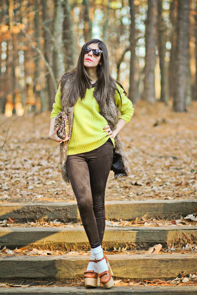 Rachel roy fur, Karen Walker perfect day, Neon sweater
