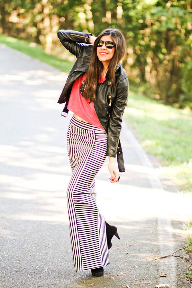 Stripe Maxi Skirt, Studded Leather Jacket, Galaxy print T Shirt, Fashion outfit