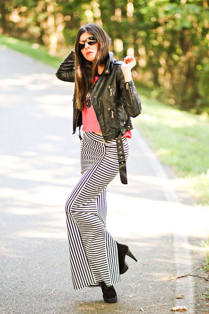 Stripe Maxi Skirt, Studded Leather Jacket, Galaxy print T Shirt, Fashion outfit