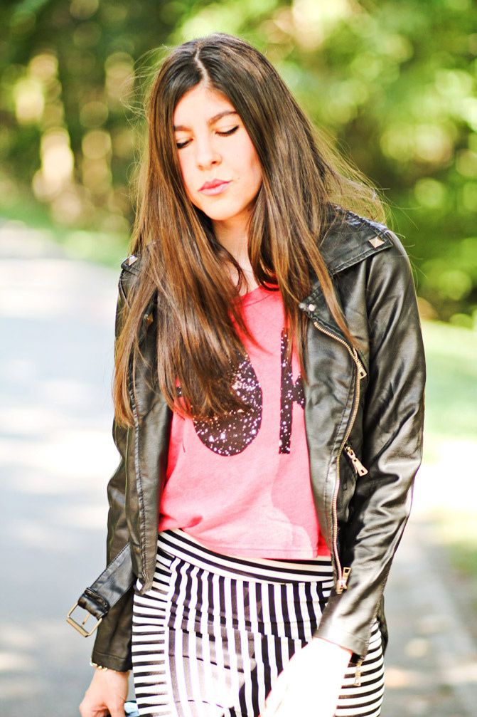 Stripe Maxi Skirt, Studded Leather Jacket, Galaxy print T Shirt, Fashion outfit