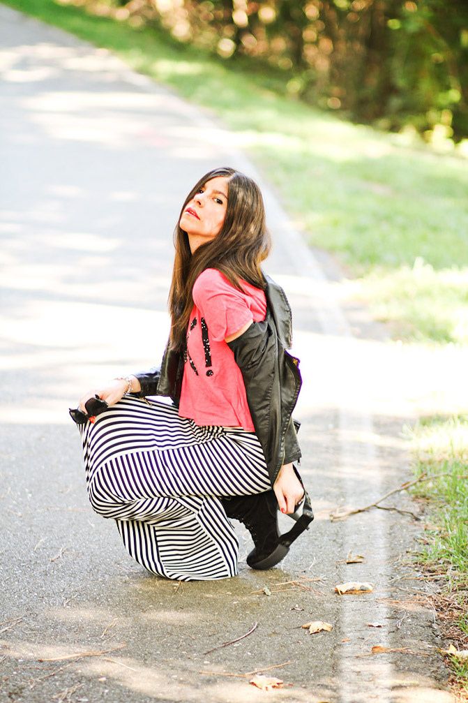 Stripe Maxi Skirt, Studded Leather Jacket, Galaxy print T Shirt, Fashion outfit