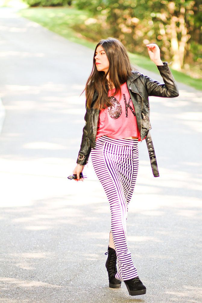 Stripe Maxi Skirt, Studded Leather Jacket, Galaxy print T Shirt, Fashion outfit