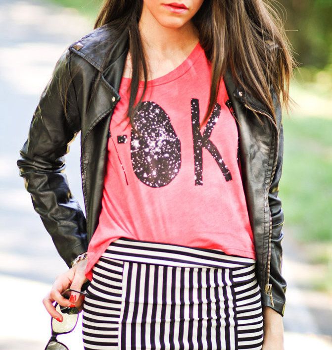 Stripe Maxi Skirt, Studded Leather Jacket, Galaxy print T Shirt, Fashion outfit