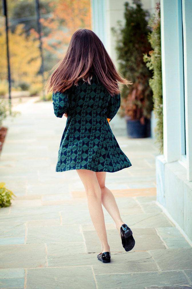 Everly emerald dress, patent penny loafers, Zooey Deschanel fashion outfit