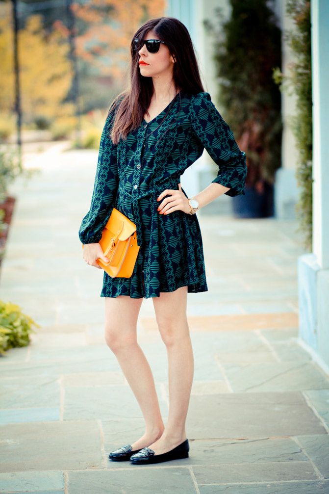 Everly emerald dress, patent penny loafers, Zooey Deschanel fashion outfit