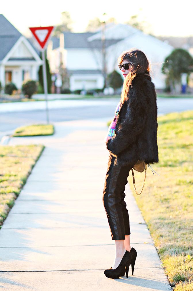 Faux Fur Coat, Neon hedgehog sweater, Asos pumpkin heels, Rebecca Minkoff bag, Ray-Ban Wayfarer, Fashion outfit