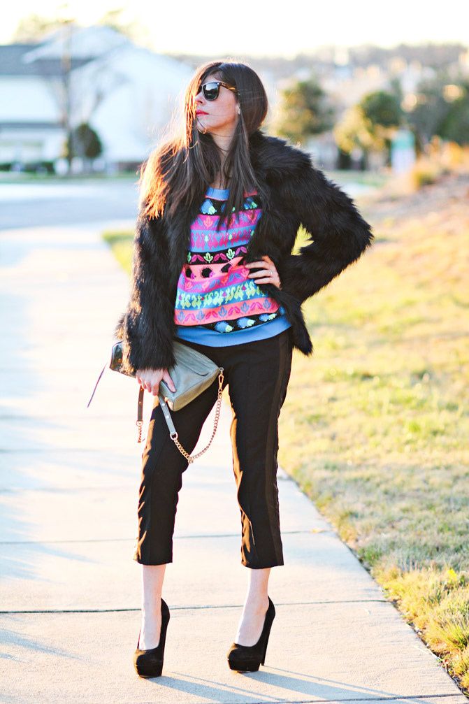 Faux Fur Coat, Neon hedgehog sweater, Asos pumpkin heels, Rebecca Minkoff bag, Ray-Ban Wayfarer, Fashion outfit