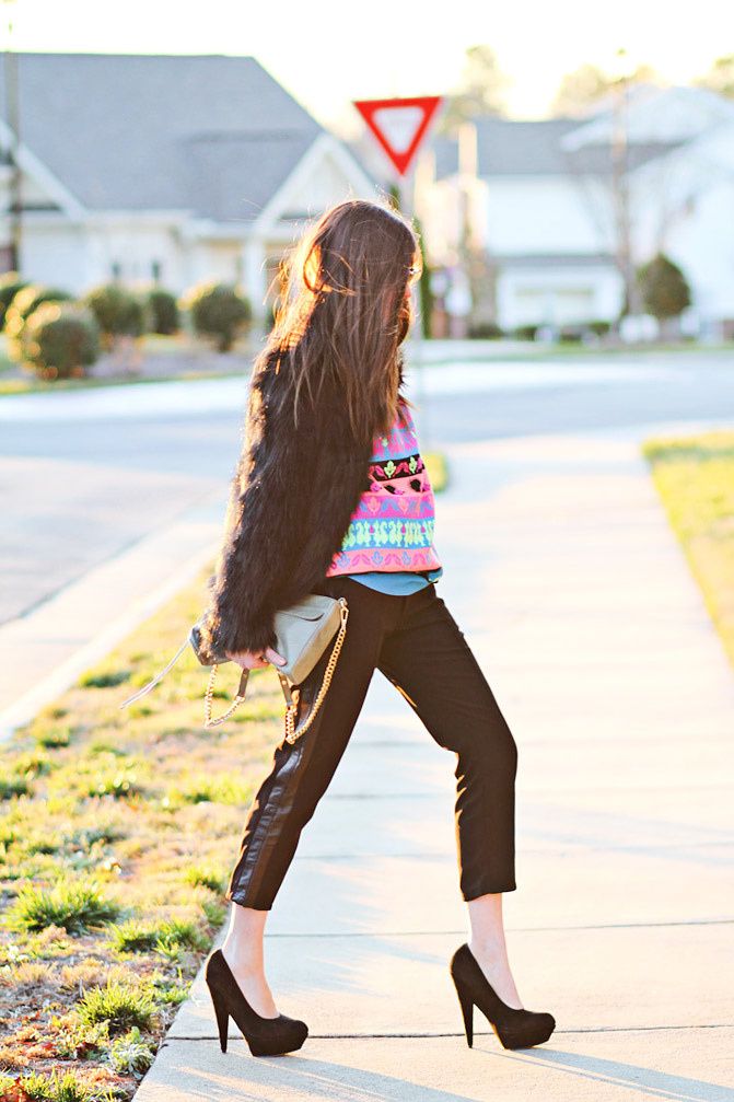 Faux Fur Coat, Neon hedgehog sweater, Asos pumpkin heels, Rebecca Minkoff bag, Ray-Ban Wayfarer, Fashion outfit