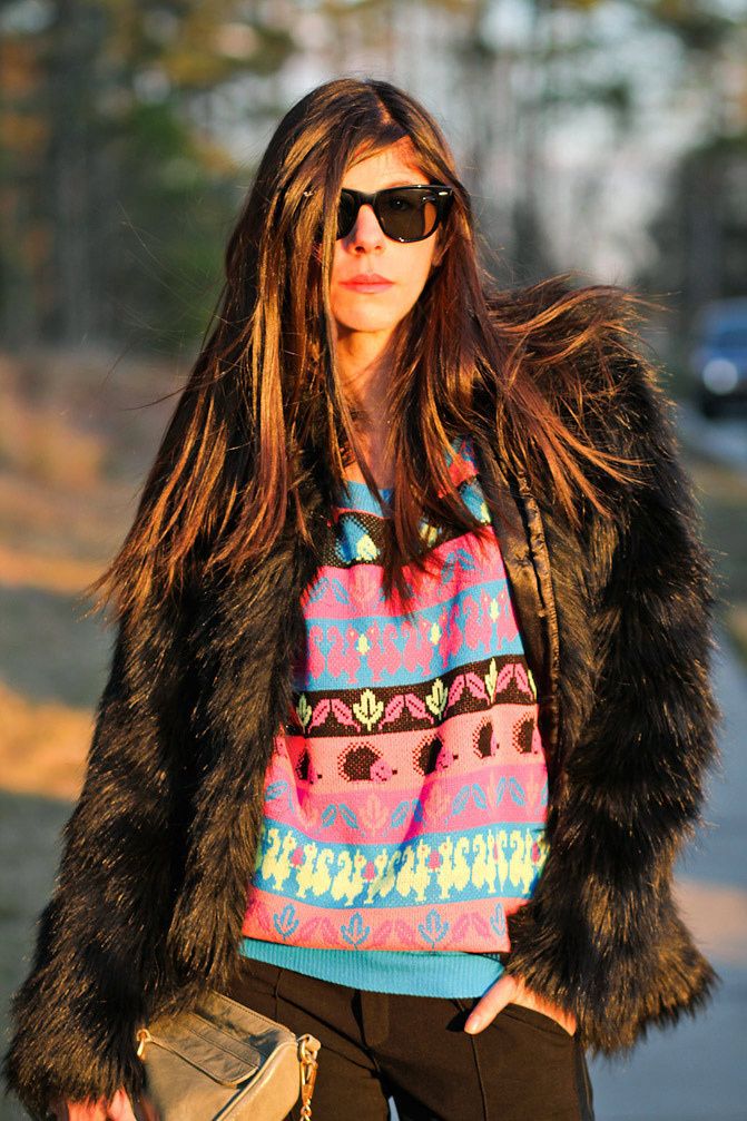 Faux Fur Coat, Neon hedgehog sweater, Asos pumpkin heels, Rebecca Minkoff bag, Ray-Ban Wayfarer, Fashion outfit
