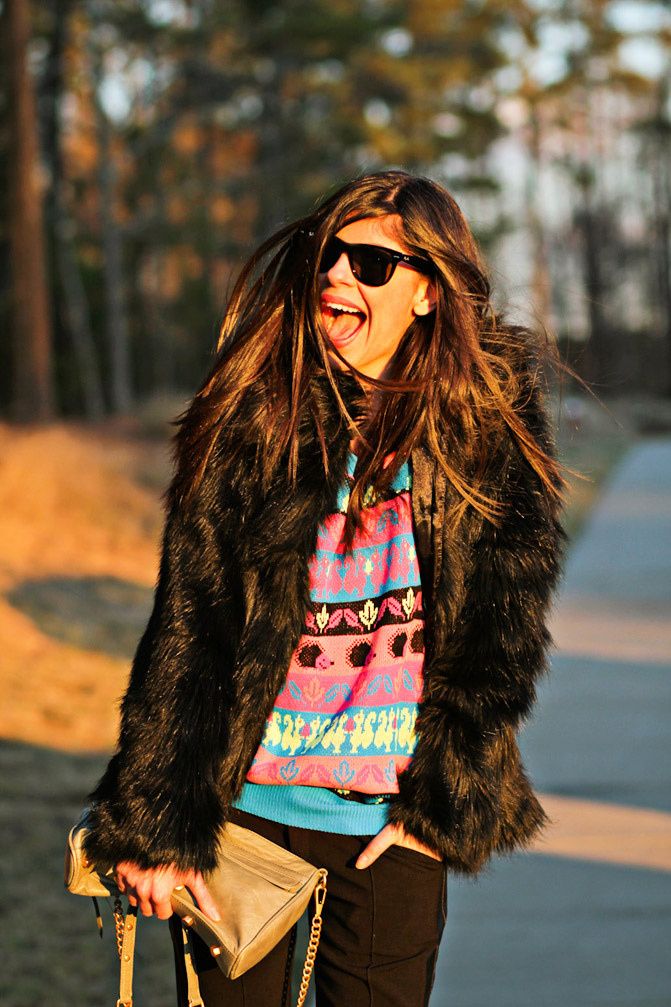 Faux Fur Coat, Neon hedgehog sweater, Asos pumpkin heels, Rebecca Minkoff bag, Ray-Ban Wayfarer, Fashion outfit