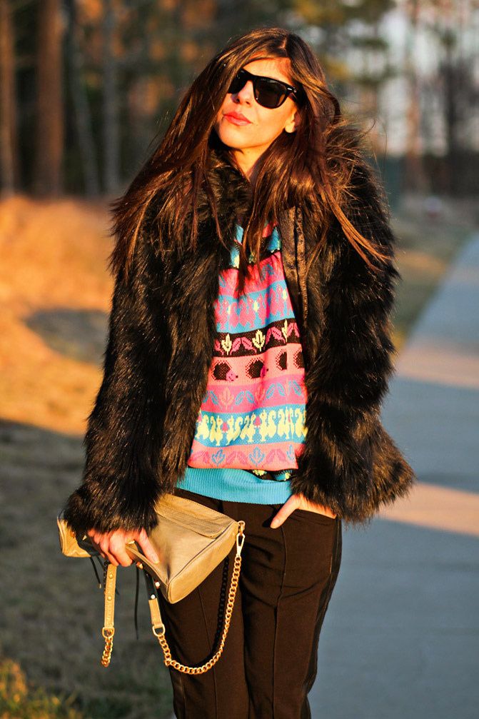 Faux Fur Coat, Neon hedgehog sweater, Asos pumpkin heels, Rebecca Minkoff bag, Ray-Ban Wayfarer, Fashion outfit