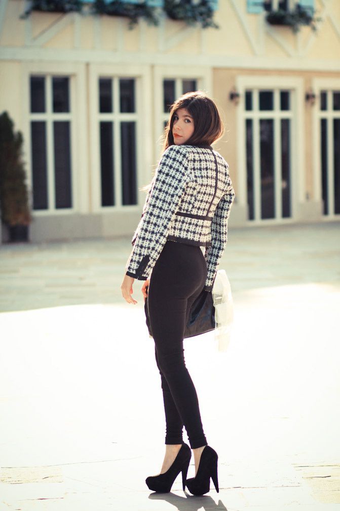 Chanel bag, Fashion outfit, Chanel boucle jacket, Asos pumpkin heels