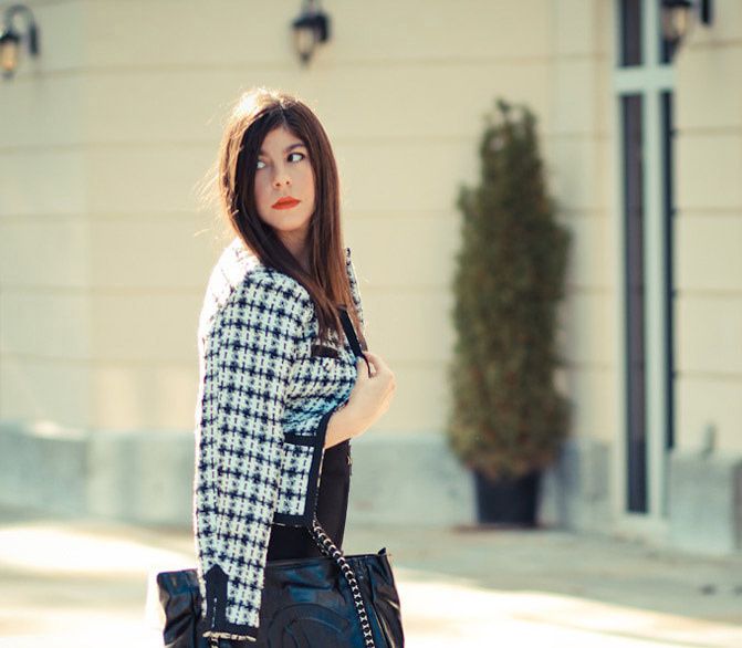Chanel bag, Fashion outfit, Chanel boucle jacket, Asos pumpkin heels