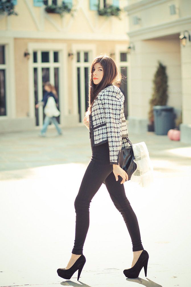 Chanel bag, Fashion outfit, Chanel boucle jacket, Asos pumpkin heels