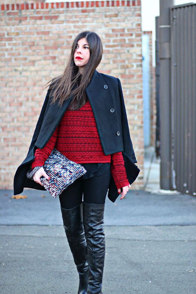 Zara clutch, Topshop over the knee boots, Zipper coat, Fashion outfit