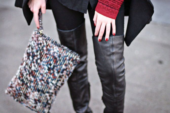 Zara clutch, Topshop over the knee boots, Zipper coat, Fashion outfit