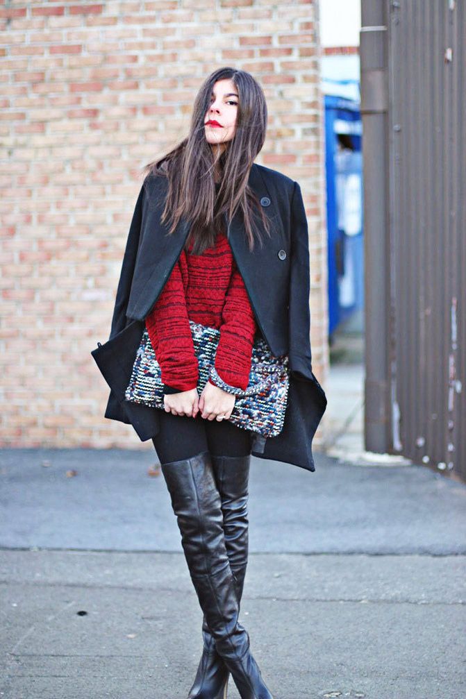 Zara clutch, Topshop over the knee boots, Zipper coat, Fashion outfit