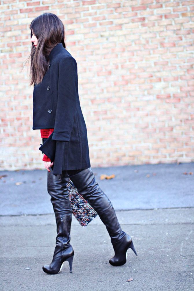 Zara clutch, Topshop over the knee boots, Zipper coat, Fashion outfit