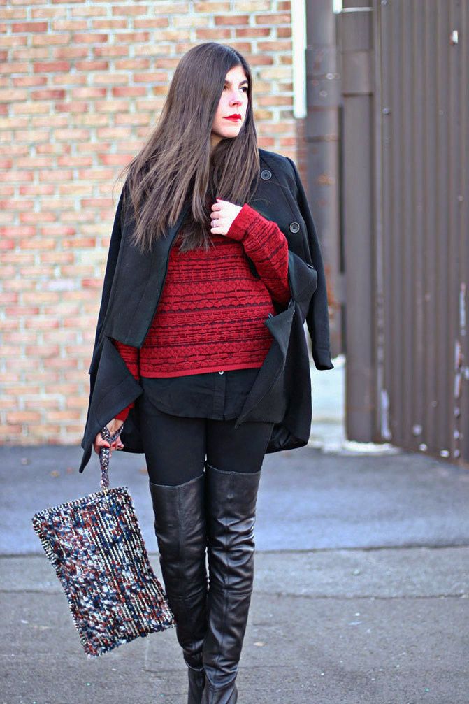 Zara clutch, Topshop over the knee boots, Zipper coat, Fashion outfit