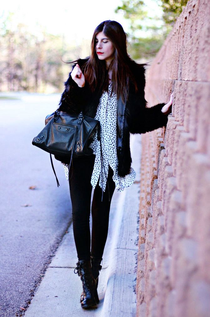 Balenciaga classic city bag, Black Faux Fur Coat, Guess ankle boots, Fashion outfit