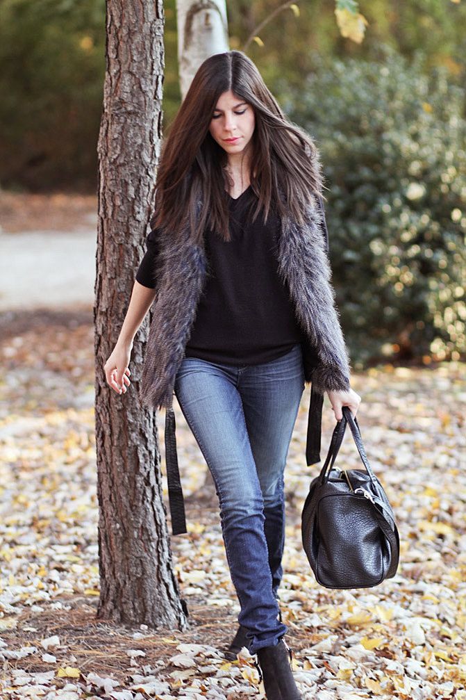 H&M faux fur vest, J Brand Jeans, Topshop Ambush boots, Alexander Wang Rocco Duffel, Fashion, outfit