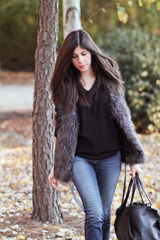 H&M faux fur vest, J Brand Jeans, Topshop Ambush boots, Alexander Wang Rocco Duffel, Fashion, outfit