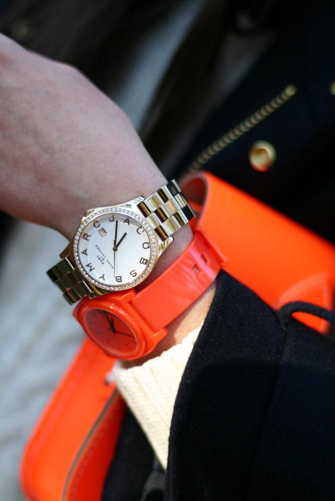 Hudson fluorescent jeans, Marc Jacobs gold watch, Leather satchel neon bag, Converse, Fashion, Outfit