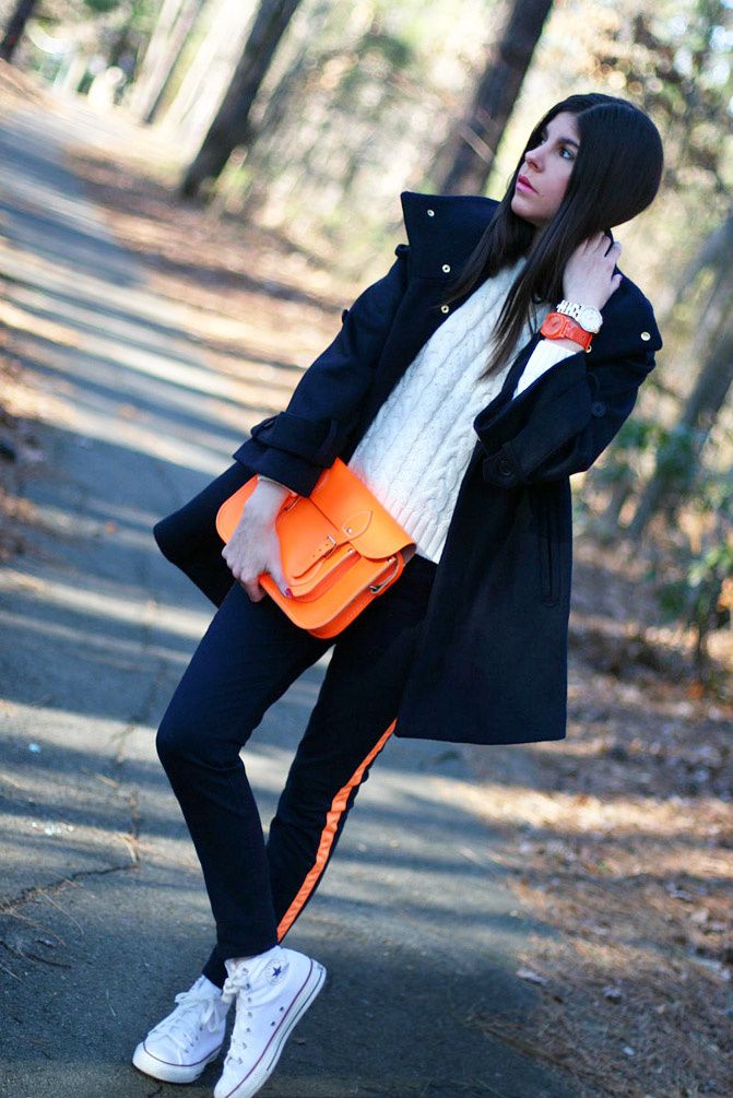 Hudson fluorescent jeans, Marc Jacobs gold watch, Leather satchel neon bag, Converse, Fashion, Outfit