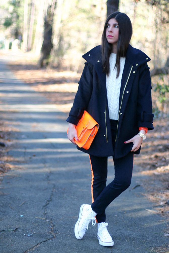 Hudson fluorescent jeans, Marc Jacobs gold watch, Leather satchel neon bag, Converse, Fashion, Outfit