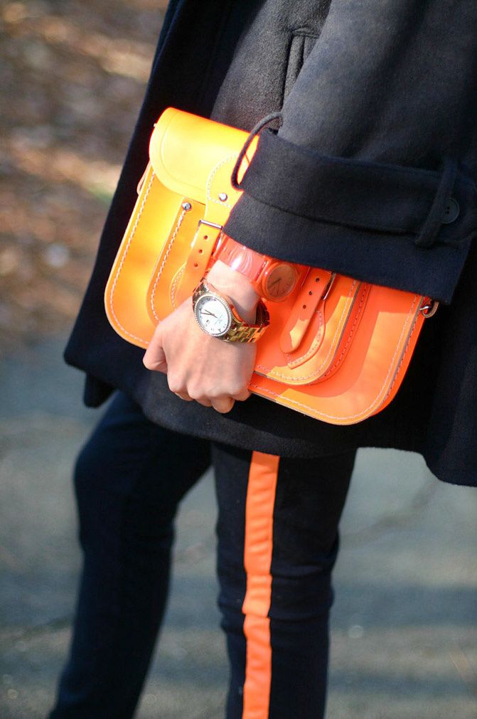 Hudson fluorescent jeans, Marc Jacobs gold watch, Leather satchel neon bag, Converse, Fashion, Outfit