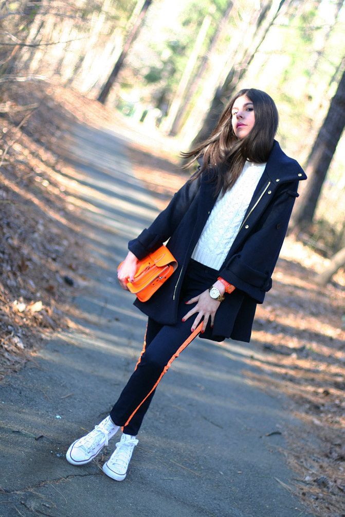 Hudson fluorescent jeans, Marc Jacobs gold watch, Leather satchel neon bag, Converse, Fashion, Outfit