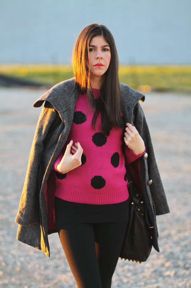 Asos Polka Dot Sweater, Alexander Wang Diego Bucket bag, Topshop Ambush boots, Tulle Coat, Fashion, Outfit