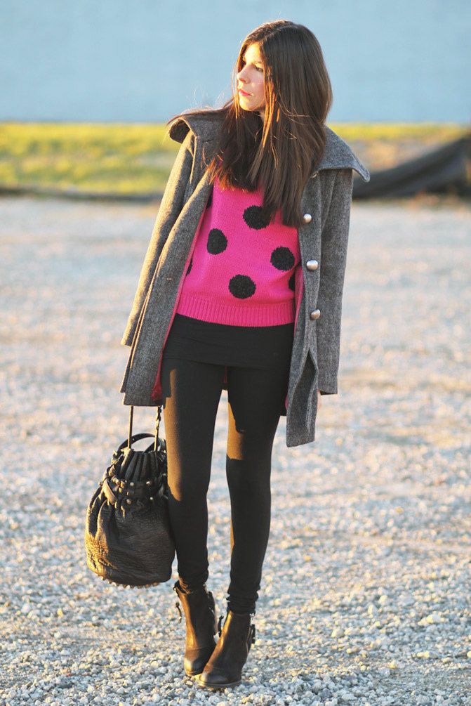 Asos Polka Dot Sweater, Alexander Wang Diego Bucket bag, Topshop Ambush boots, Tulle Coat, Fashion, Outfit
