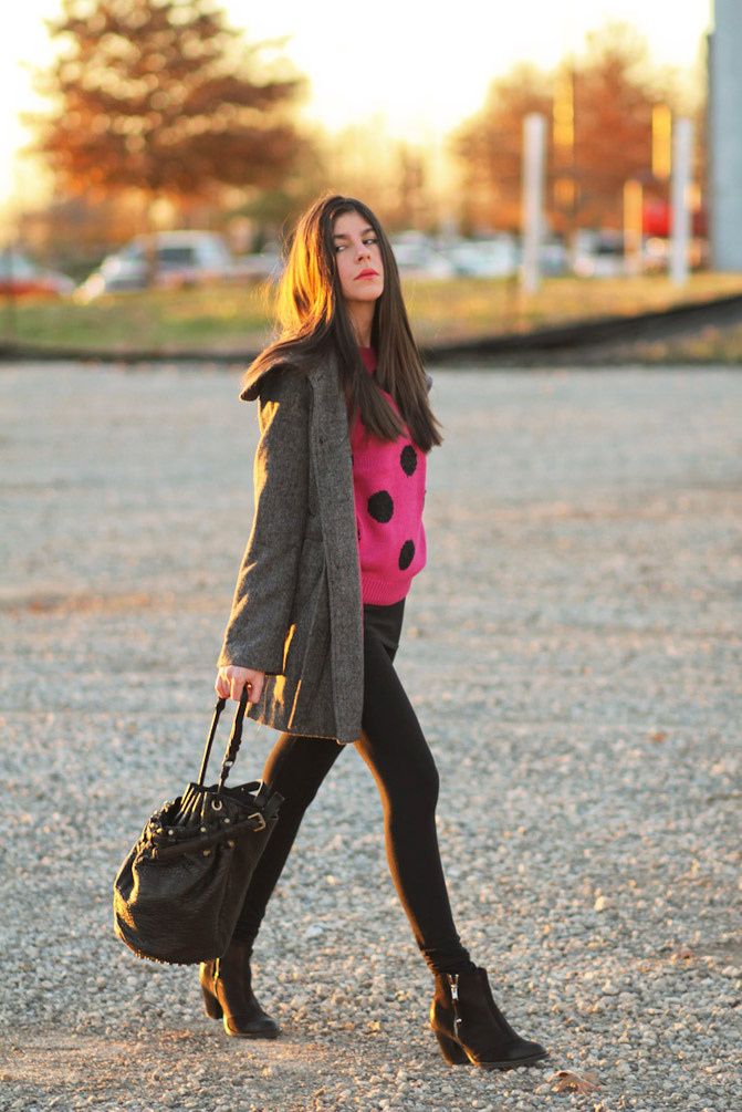 Asos Polka Dot Sweater, Alexander Wang Diego Bucket bag, Topshop Ambush boots, Tulle Coat, Fashion, Outfit