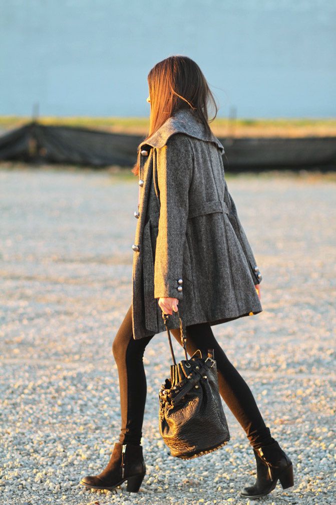 Asos Polka Dot Sweater, Alexander Wang Diego Bucket bag, Topshop Ambush boots, Tulle Coat, Fashion, Outfit