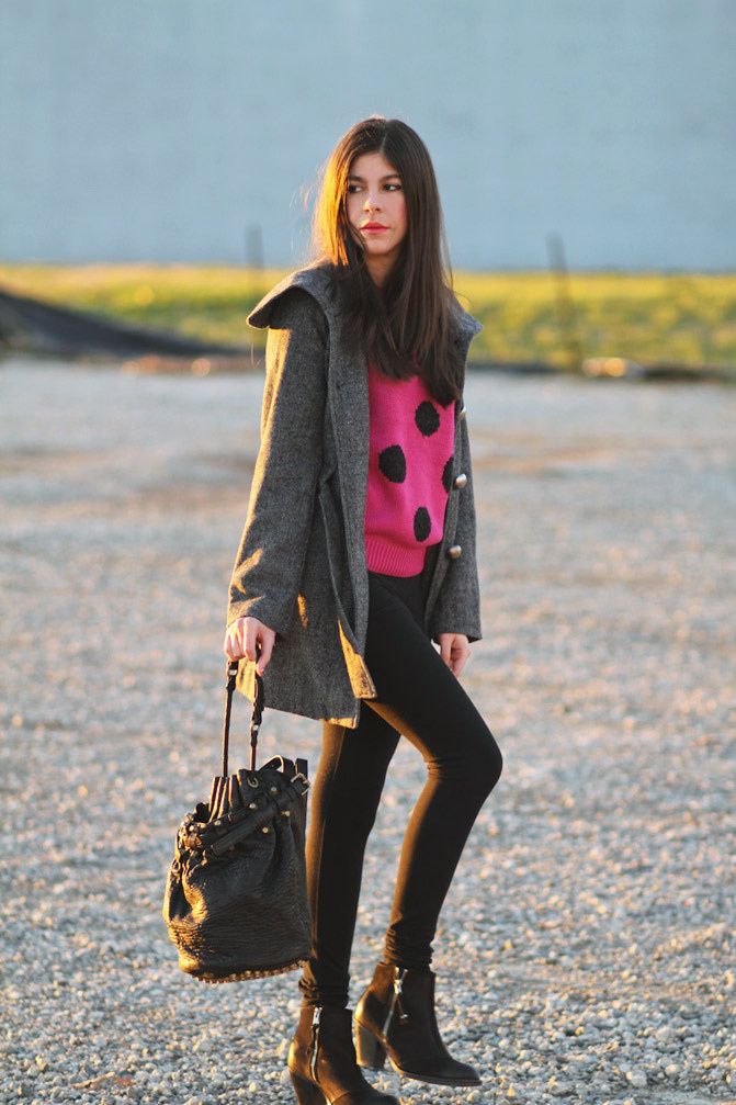Asos Polka Dot Sweater, Alexander Wang Diego Bucket bag, Topshop Ambush boots, Tulle Coat, Fashion, Outfit