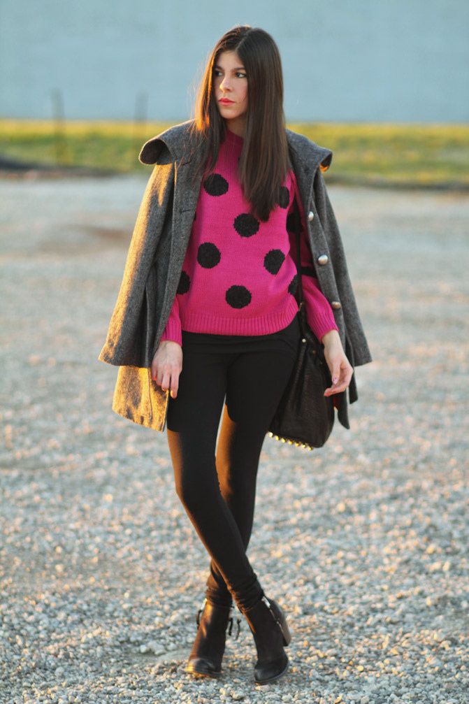 Asos Polka Dot Sweater, Alexander Wang Diego Bucket bag, Topshop Ambush boots, Tulle Coat, Fashion, Outfit
