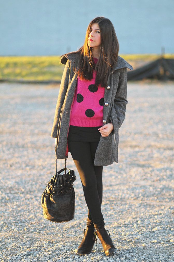 Asos Polka Dot Sweater, Alexander Wang Diego Bucket bag, Topshop Ambush boots, Tulle Coat, Fashion, Outfit