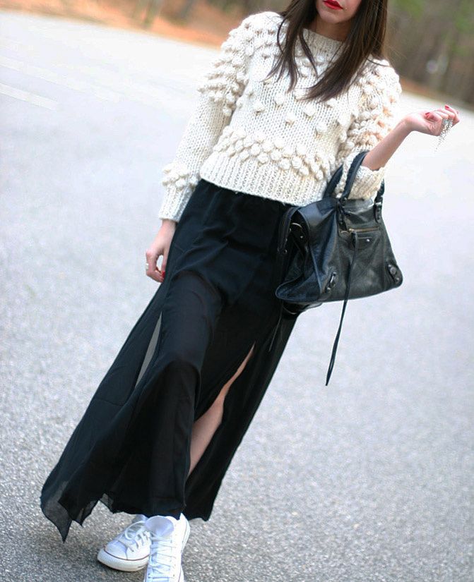 Sheer Maxi Skirt, Chuck Taylor Converse Hi Top Sneakers, Balenciaga classic city bag, Fashion, Outfit