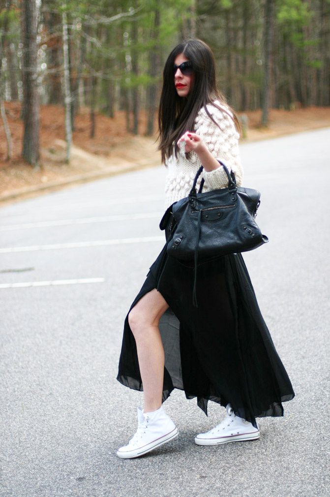 Sheer Maxi Skirt, Chuck Taylor Converse Hi Top Sneakers, Balenciaga classic city bag, Fashion, Outfit