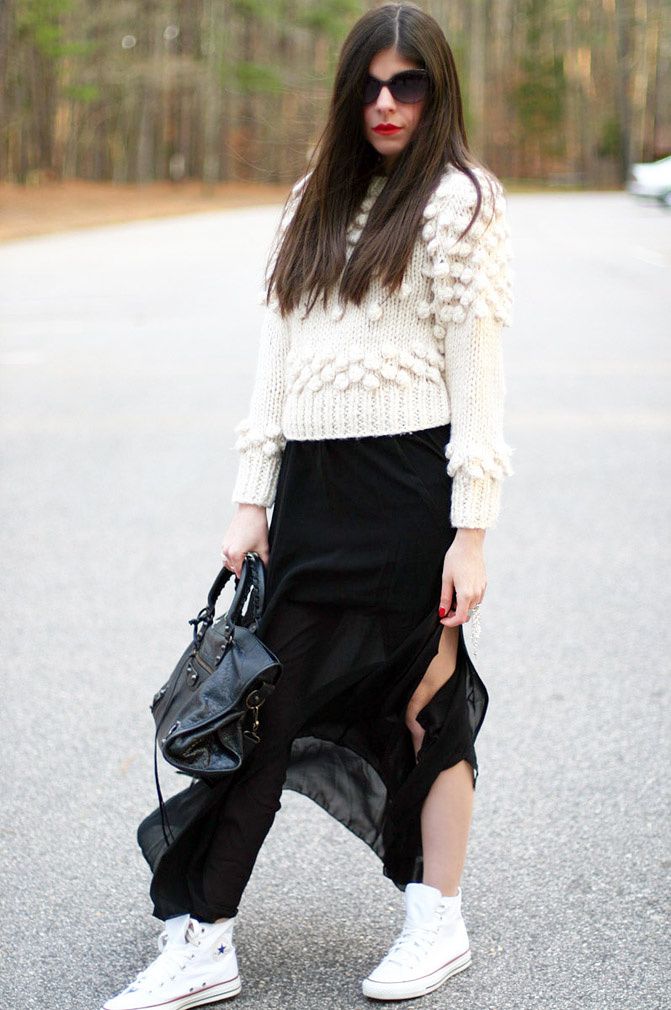 Sheer Maxi Skirt, Chuck Taylor Converse Hi Top Sneakers, Balenciaga classic city bag, Fashion, Outfit